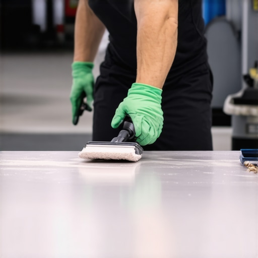 Professional applying multiple layers of ceramic coating using polishing tools in a garage setting.