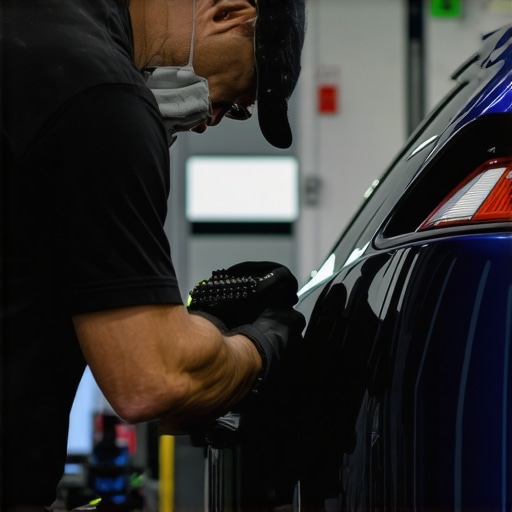 Auto detailer carefully applying ceramic coating to a car's surface with a foam applicator.