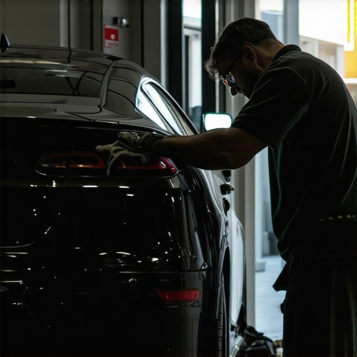 Professional applying ceramic coating on a car in garage
