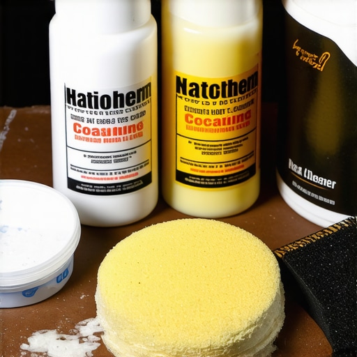 Close-up of car detailing products, including soaps and ceramic coatings, arranged on a workbench
