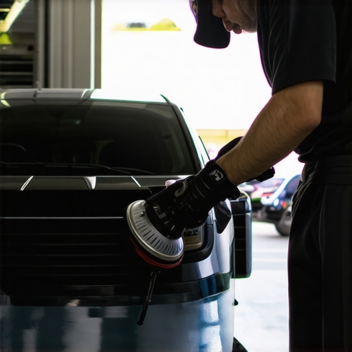 Person applying ceramic coating with a dual-action polisher in a shaded setting.
