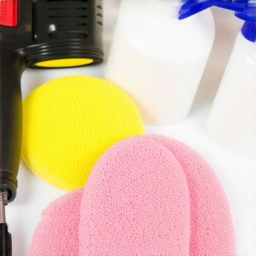 Professional car detailing tools including microfiber pads and polisher arranged neatly.