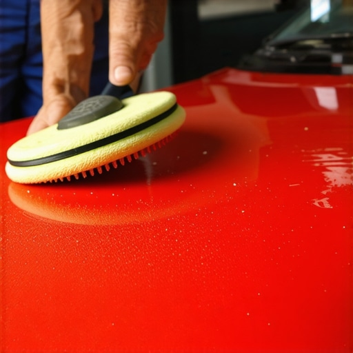 A person cleaning a car polisher with a microfiber cloth in a tidy garage