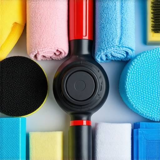 A set of high-quality car detailing tools including polisher, microfiber towels, and applicators ready for maintenance.