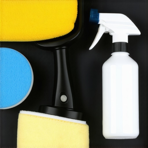 Close-up of high-quality car detailing equipment including polisher, microfiber towels, and ceramic coating spray.
