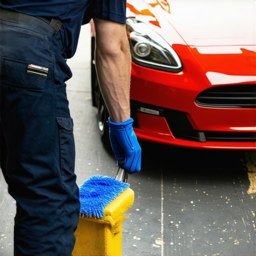 Professional detailer applying ceramic coating with microfiber applicator in a shaded environment.