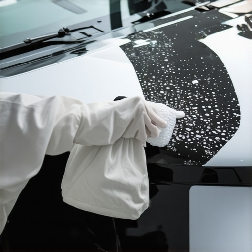 A person applying ceramic coating using a foam applicator on a polished car hood, demonstrating professional detailing technique.