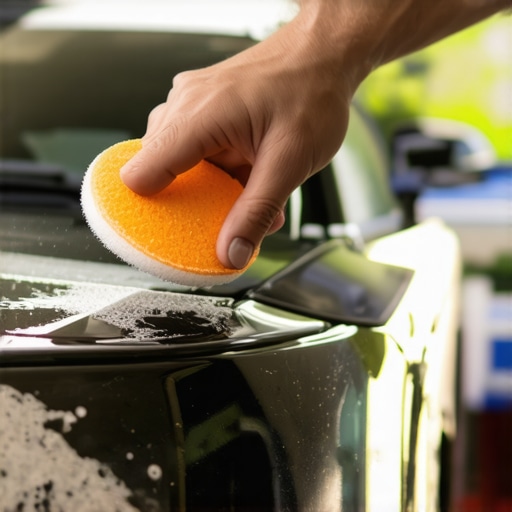 Hand applying ceramic coating with foam applicator on a glossy car surface