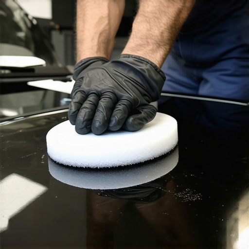 Applying Ceramic Coating with Foam Pad Person applying ceramic coating to car surface using foam applicator