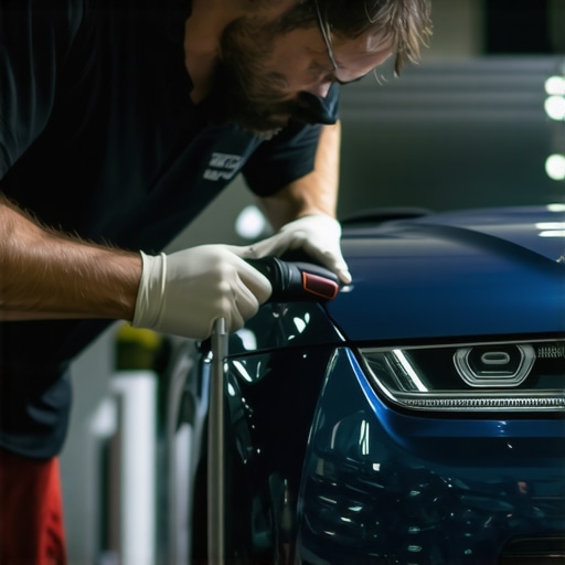 A professional applying ceramic coating to a car surface with proper tools and lighting.