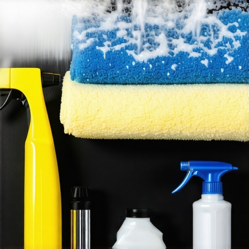 Car detailing tools including foam cannon, microfiber towels, and polishing pads arranged for a professional wash in West LA