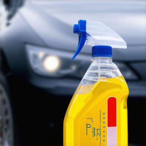 A car wash soap bottle showing pH levels with a clean shiny car behind