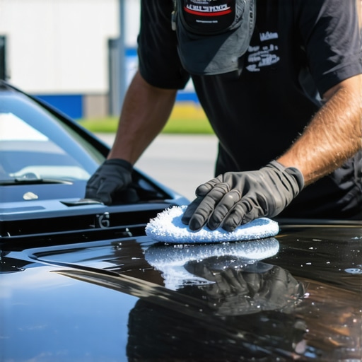 Applying Ceramic Coating Deliberately A detailer carefully spreads ceramic coating on a car's surface under bright sunlight.