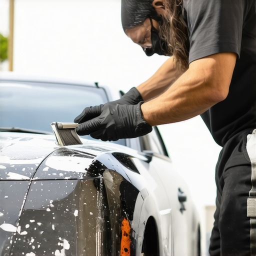 Person applying ceramic coating to a car in a West Los Angeles driveway with professional tools.