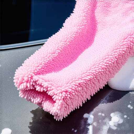 Microfiber wash mitt and foam cannon on a glossy car