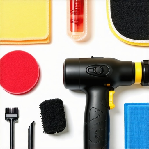 A professional setup of car detailing tools including polisher, microfiber pads, and cleaning products for automotive care.