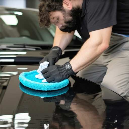 Professional applying ceramic coating using microfiber applicator on car