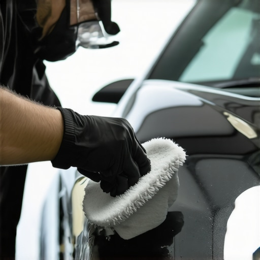 Person applying ceramic coating to car with foam applicator for a shiny finish.