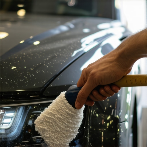A hand applying ceramic coating to a car's hood with a foam applicator