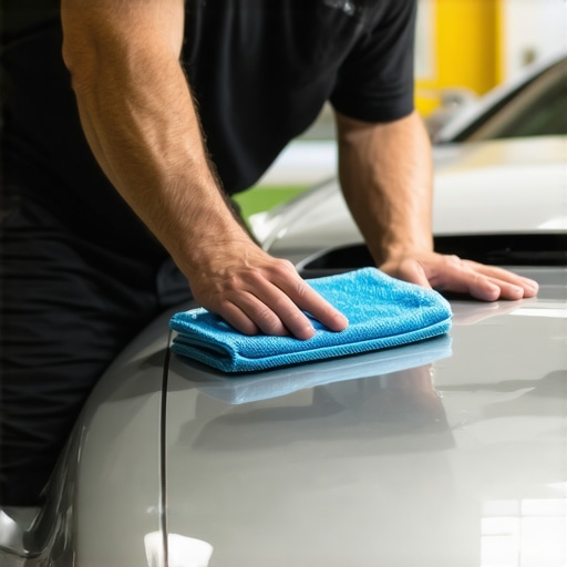 Person in garage meticulously applying ceramic coating to a car's hood with microfiber applicator