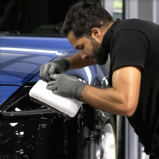 Detailer applying ceramic coating to a car's hood with foam applicator in a garage.