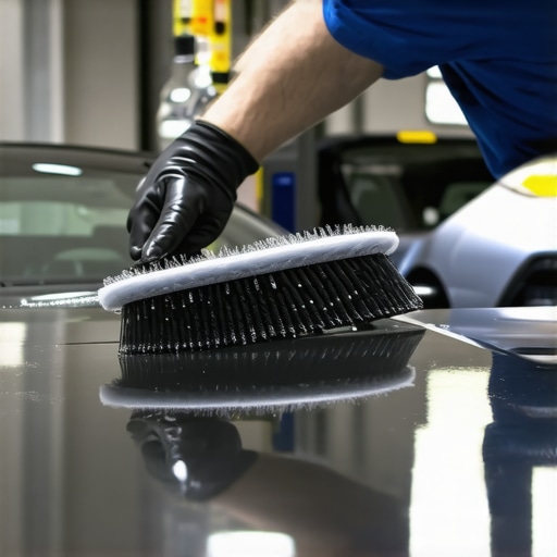 Applying Ceramic Coating Effectively A technician carefully applies ceramic coating to a car with a foam applicator in a clean, well-lit garage.