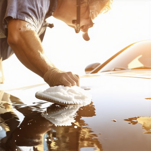Tech applying ceramic coating with foam applicator on a car hood in sunlight.