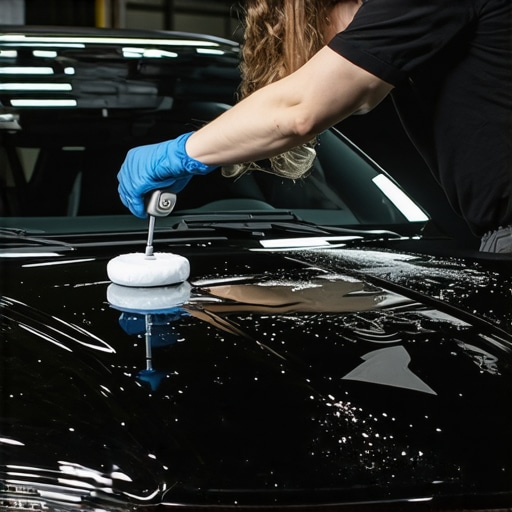 Applying Ceramic Coating for Long-Lasting Shine Detailer applying ceramic coating on a car's surface with foam applicator in a modern garage