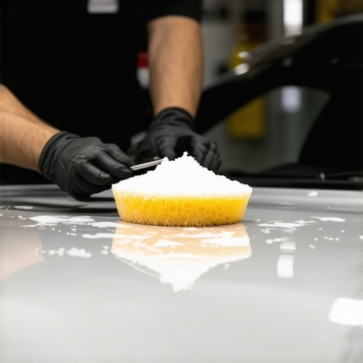 Hands applying ceramic spray with foam applicator on car hood in bright sunlight