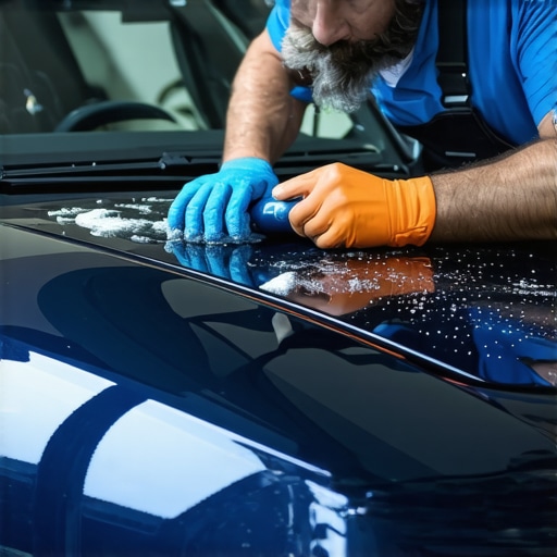 Person using a foam applicator to smoothly apply ceramic coating on car hood, glossy finish