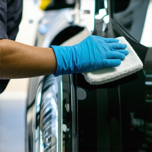 Person applying ceramic coating on car surface using microfiber cloth in garage