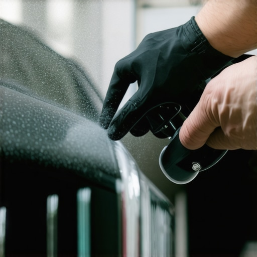 A technician expertly applying ceramic coating to vehicle's smart glass with a spray applicator.