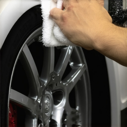 A detailed shot of a person carefully applying a ceramic coating to a car's alloy wheel with a foam applicator.