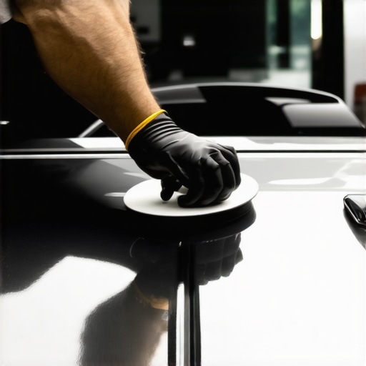 Person spreading ceramic coating on car's hood with applicator pad.
