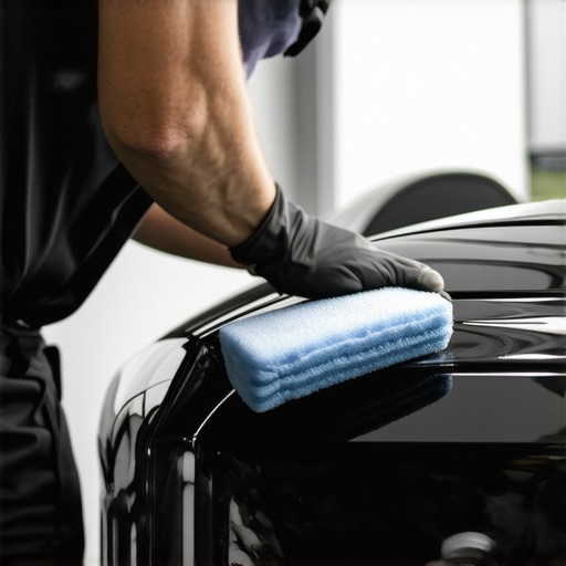 Person applying ceramic coating to car surface using foam applicator in a well-lit garage.