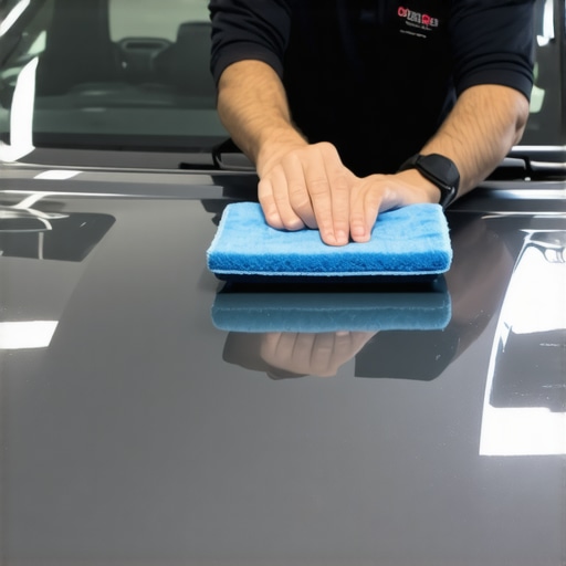 Person applying ceramic coating on car's hood using microfiber applicator for a smooth, glossy finish.