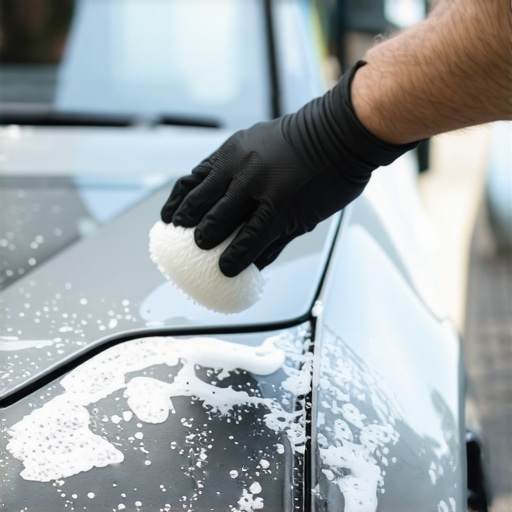 Professional applying ceramic coating to a car surface with foam applicator.