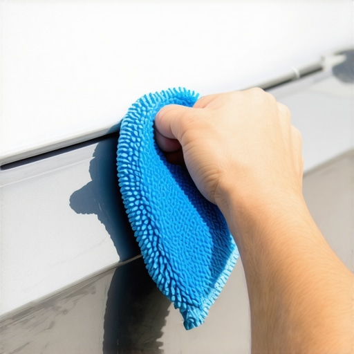 Person polishing chrome trim with microfiber cloth on a vehicle's chrome accents.