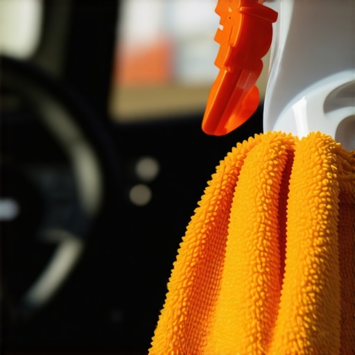 Person buffing interior surface with microfiber cloth after applying a dust-repelling spray inside a car