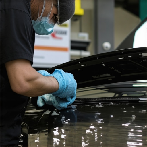 Professional applying protective coating to a car engine bay with microfiber cloths.