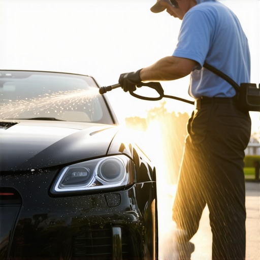 Professional pressure washer creating foam on a clean car surface