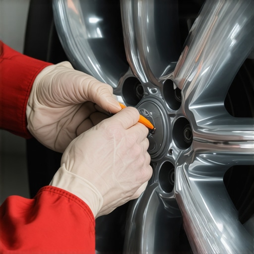 A detailed close-up of a technician carefully applying graphene coating to a shiny chrome wheel using a foam applicator.