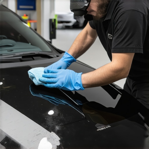 Car detailing professional applying graphene coating with a microfiber applicator in a clean garage.