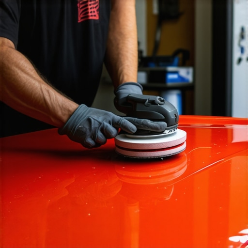 Automotive technician applying paint correction compound to a vehicle with dual-action polisher