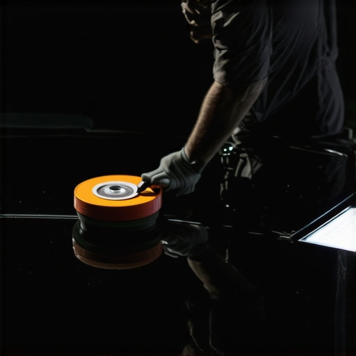 Detailer using a polisher on a black car's surface under bright LED light