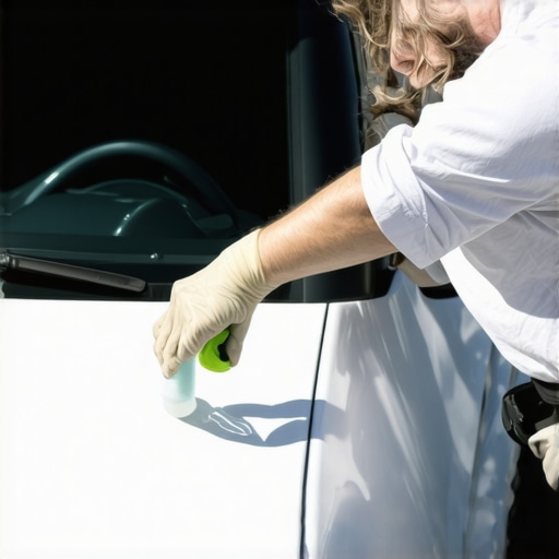 Person restoring faded car plastic trim with foam applicator under sunny sky