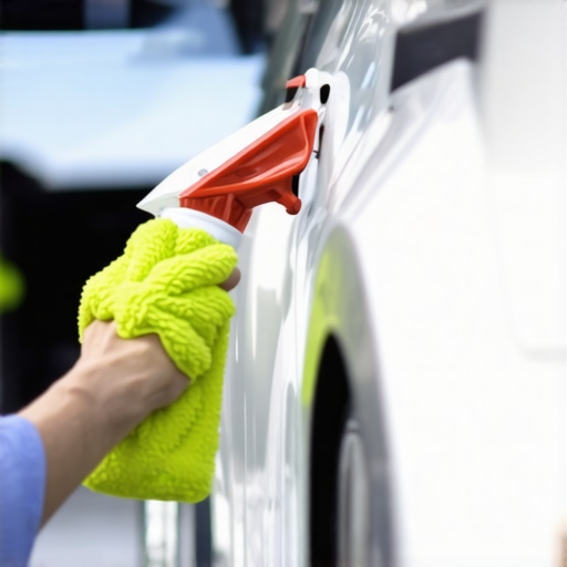 Person applying spray wax to car with microfiber cloth showing water beading effect