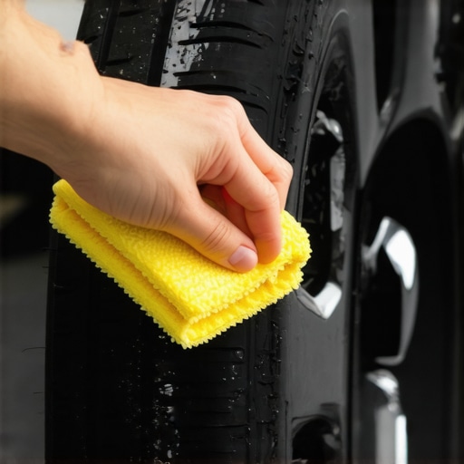 A person applying tire shine with a microfiber applicator on a freshly cleaned tire.