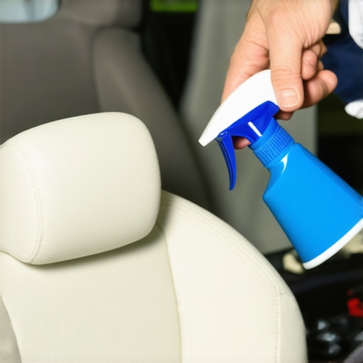 Person spraying fabric protectant on car seats in a garage setting.