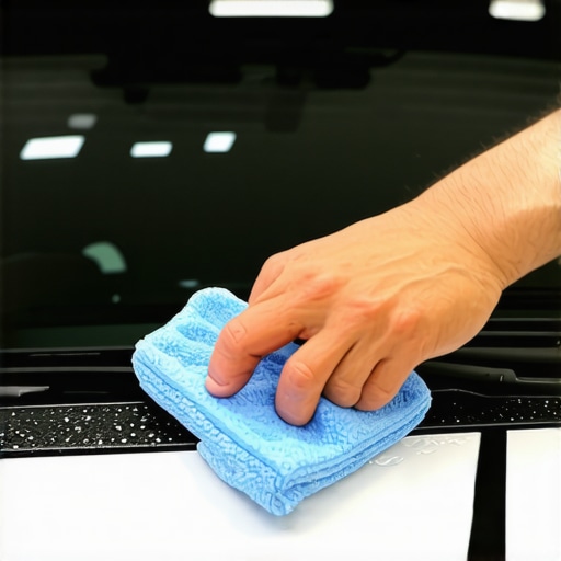 Technician applying hydrophobic coating on a car windshield with microfiber applicator